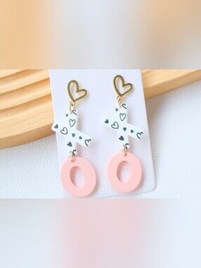 $12 or Bundle 3/$30! Gold Heart Pink & White Heart-Print Drop Earrings